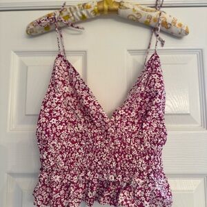 Sim Sam Crop Top Women M Pink Floral Tank‎ Tie Strap Ruffle Boho Festival New